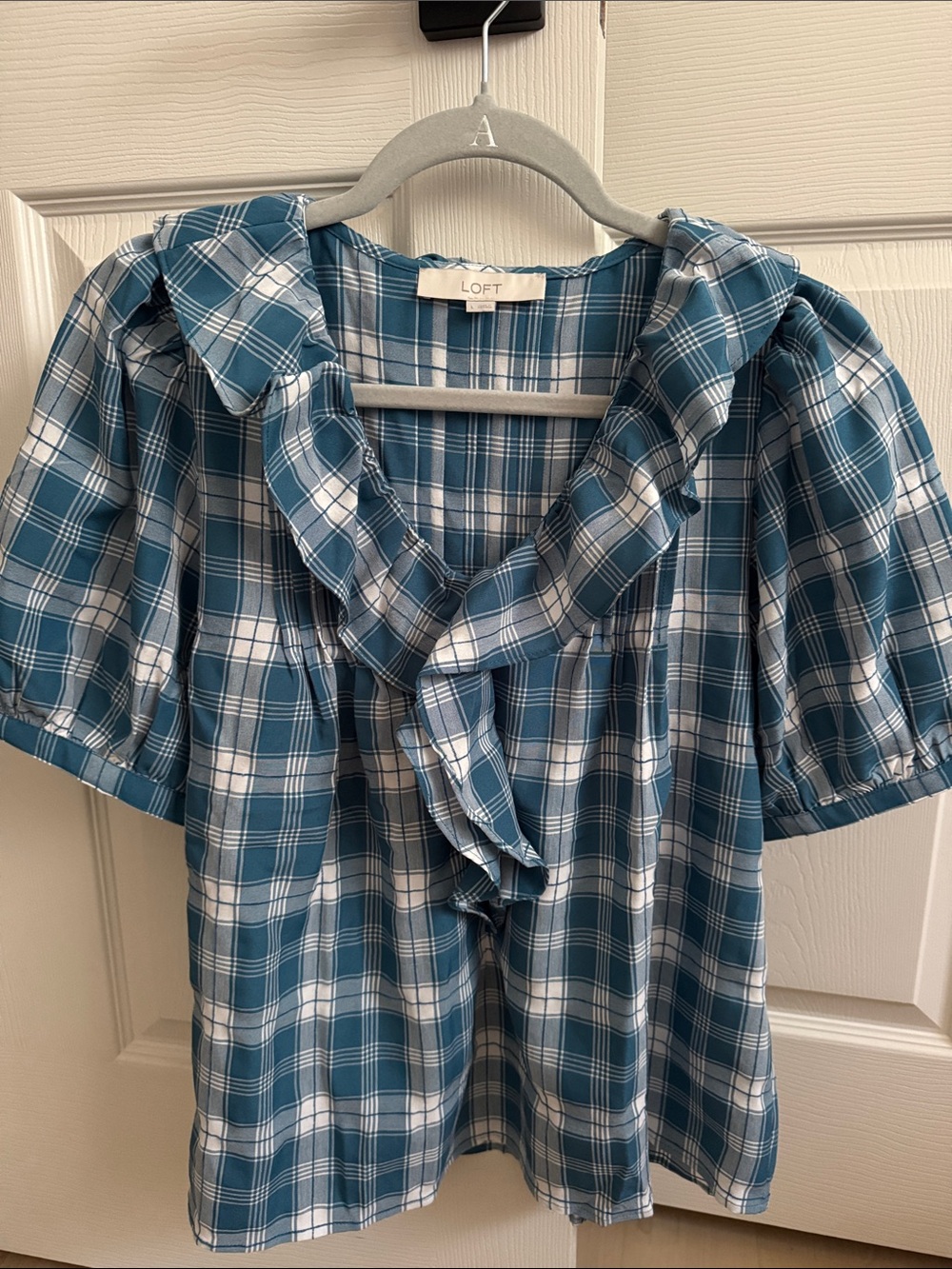 LOFT Blue and White Plaid Ruffle Collar Blouse